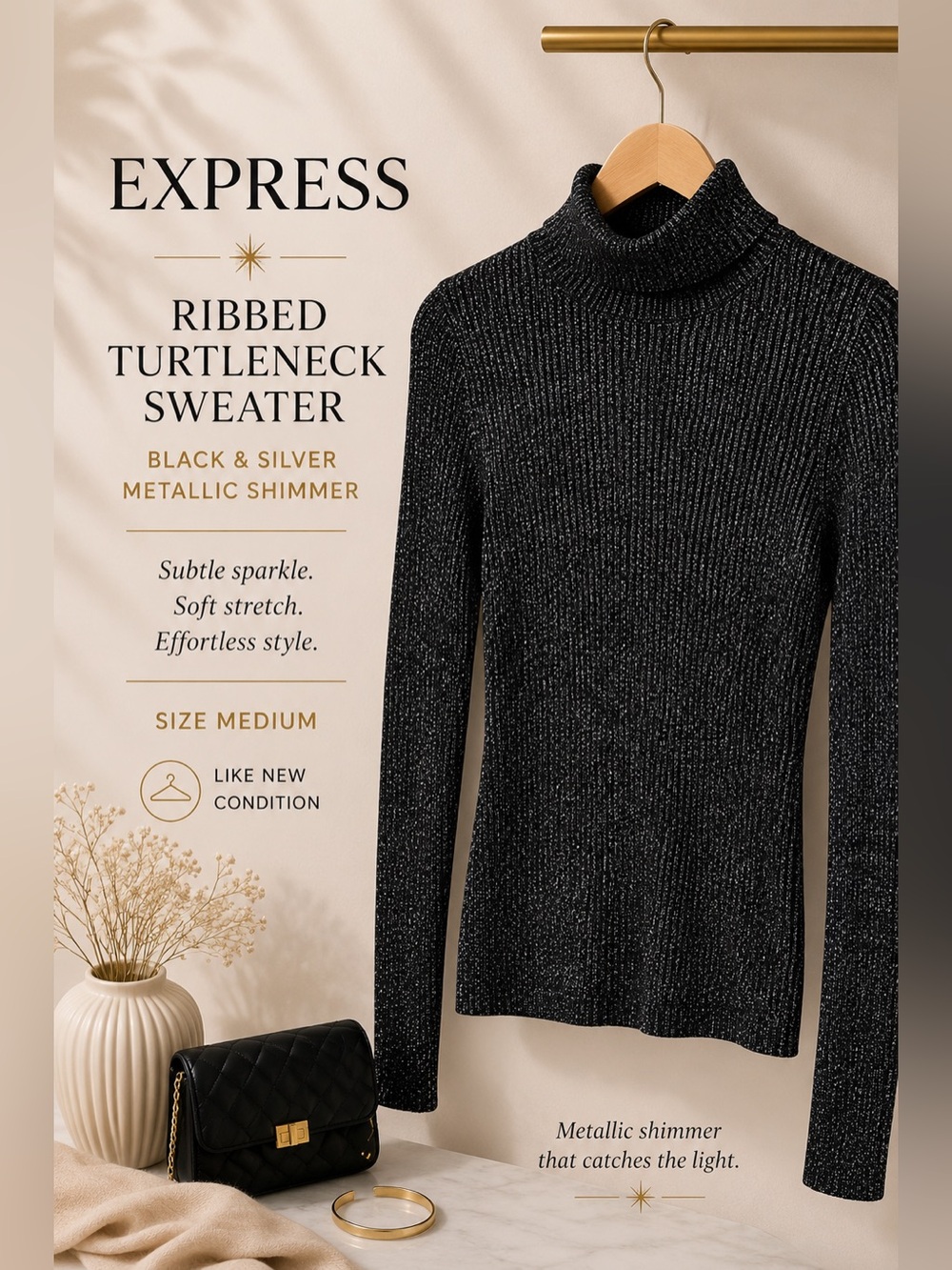 Express M Tight Ribbed Black Silver Metallic Turtleneck Sweater Sparkle